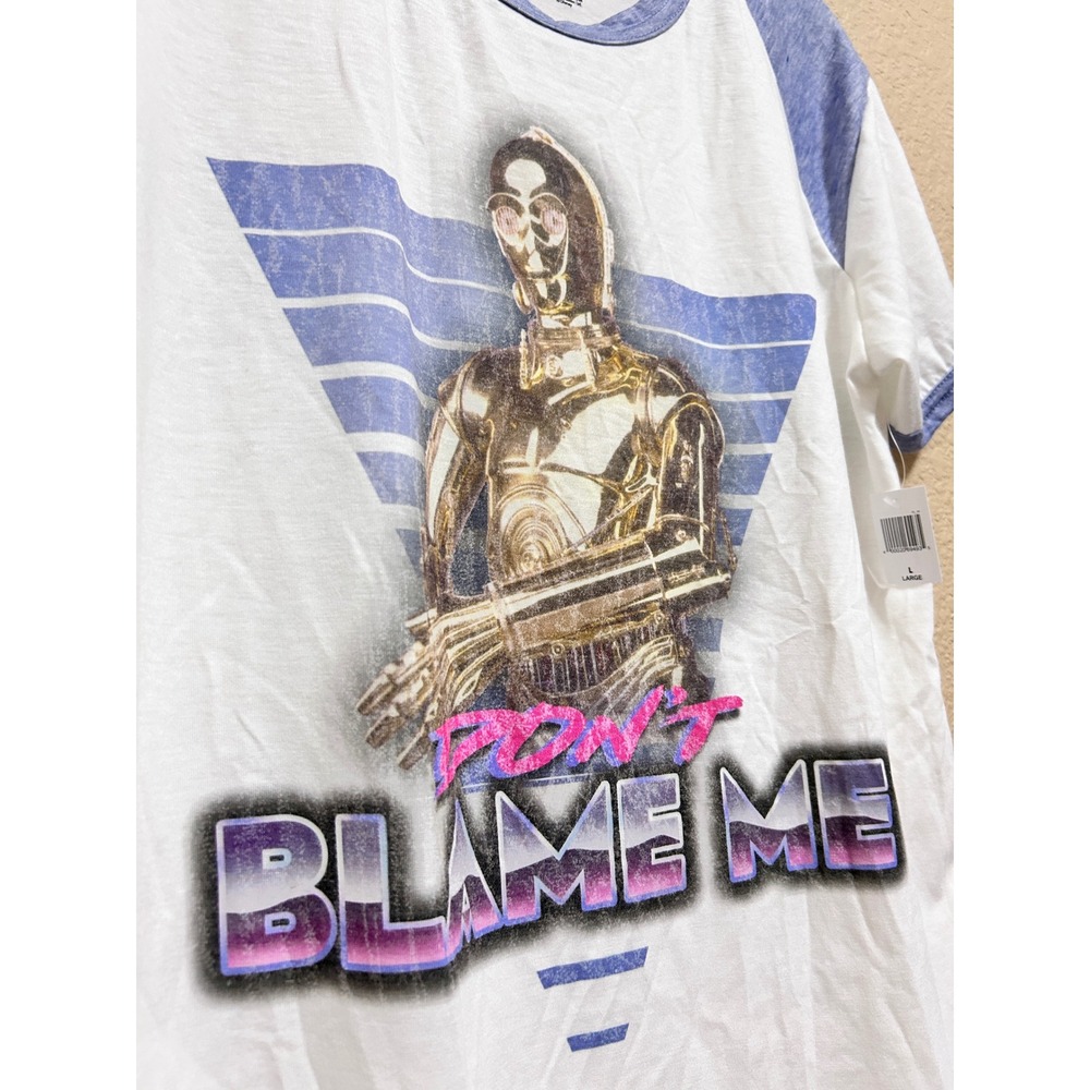 Disney Parks Large Star Wars C-3PO Raglan Tee White Blue Retro Don't Blame Me - Picture 8 of 11